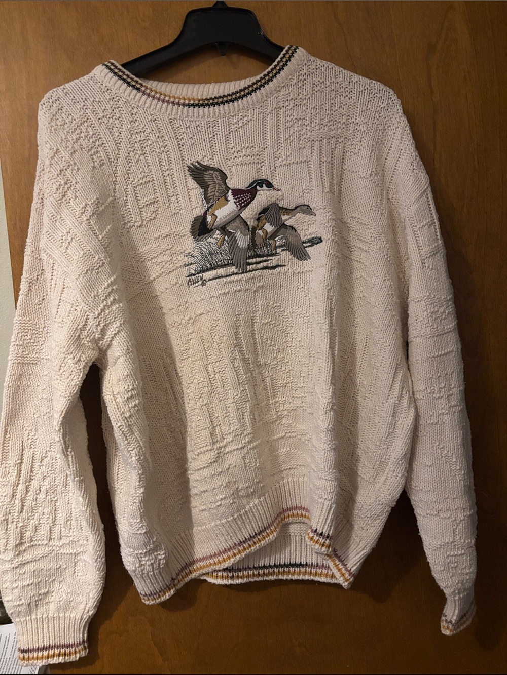 Cream Crewneck Sweater with Duck Embroidery